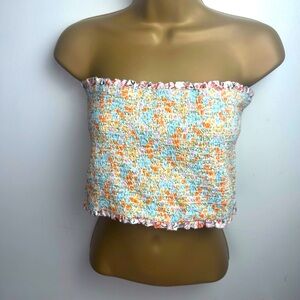 American Eagle Multicolored Floral Smocked Strapless Cropped Bandeau Top NWOT XL